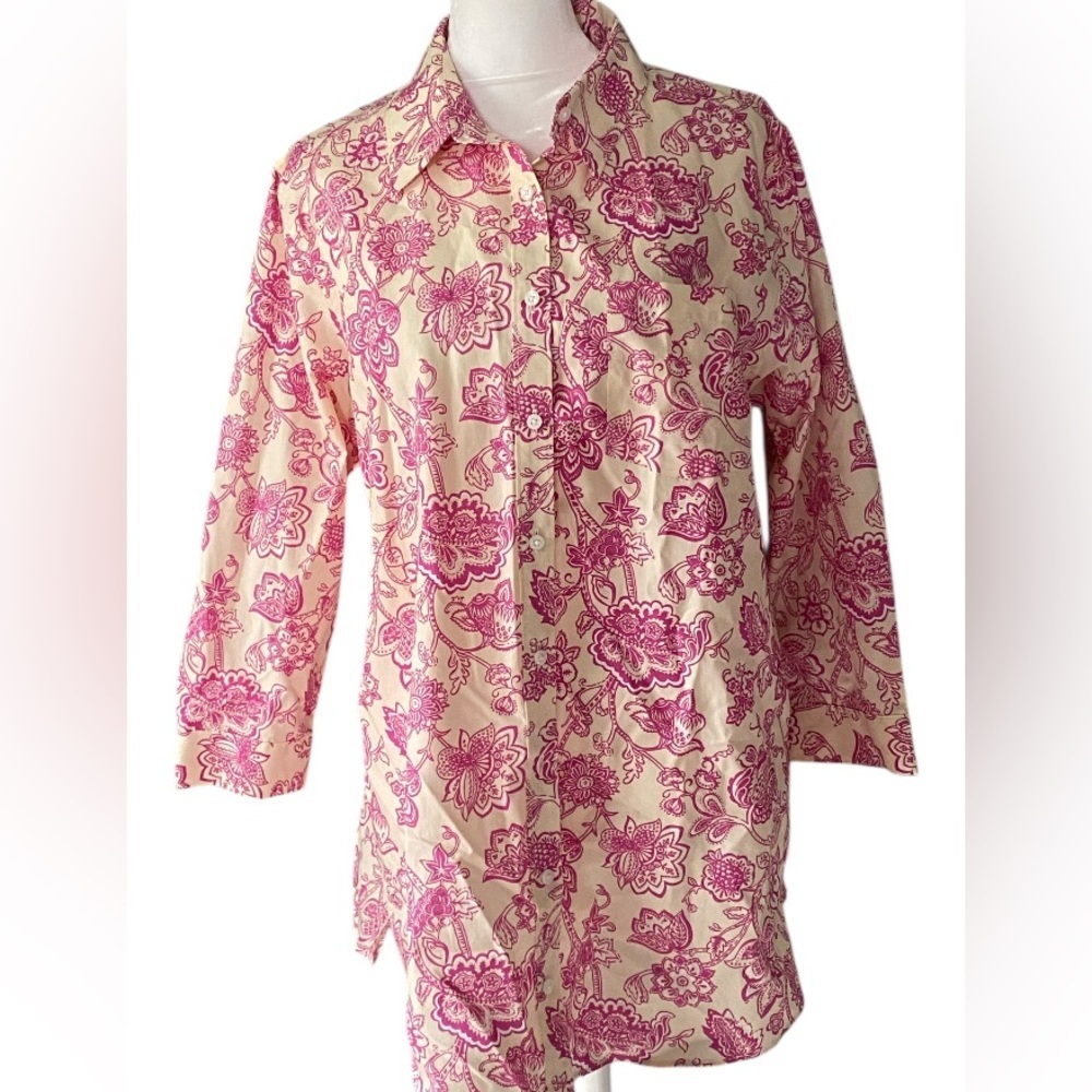 Lands End women’s ivory pink floral button down shirt size 12